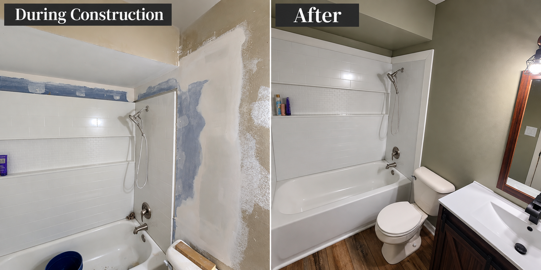 Bathroom during construction and after