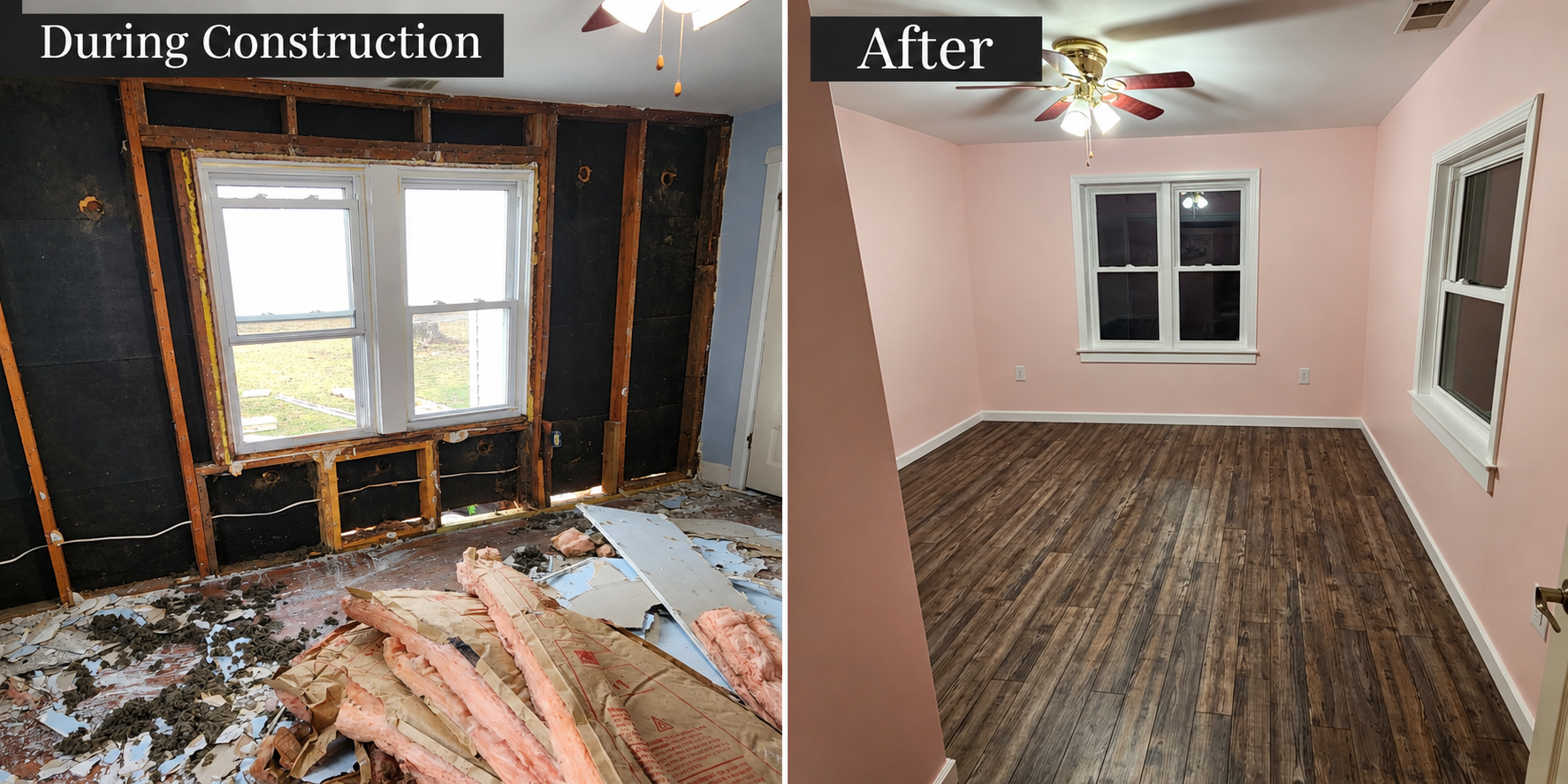 Bedroom during construction and after