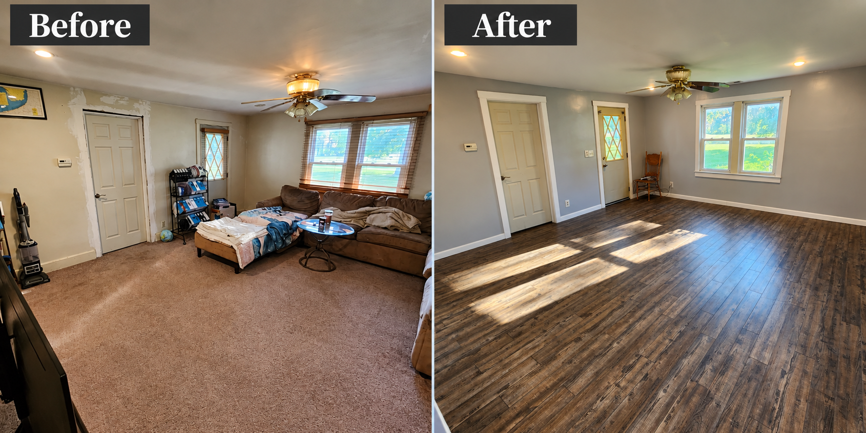 Living room before and after renovation