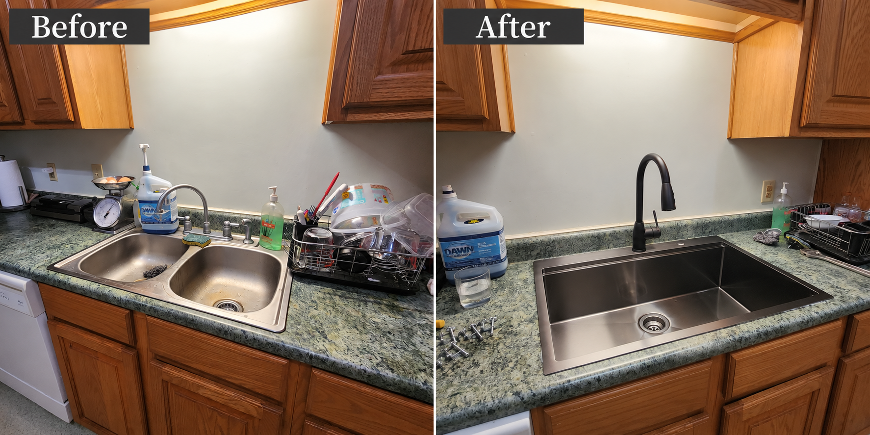 Kitchen sink before and after